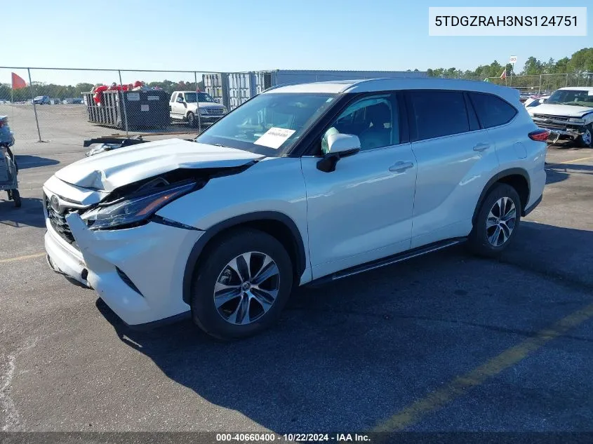 2022 Toyota Highlander Xle VIN: 5TDGZRAH3NS124751 Lot: 40660400