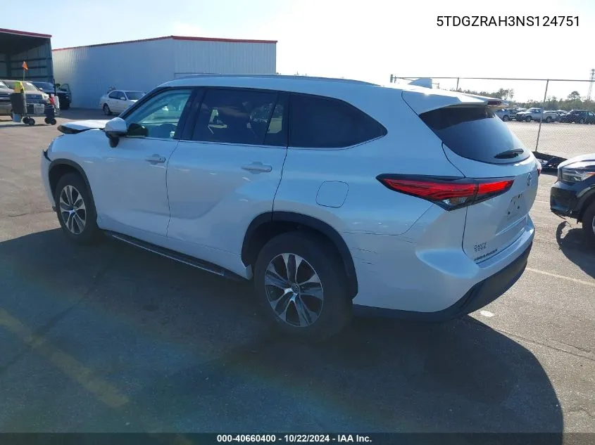 2022 Toyota Highlander Xle VIN: 5TDGZRAH3NS124751 Lot: 40660400