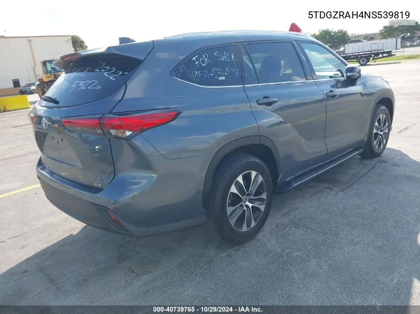 2022 Toyota Highlander Xle VIN: 5TDGZRAH4NS539819 Lot: 40739765