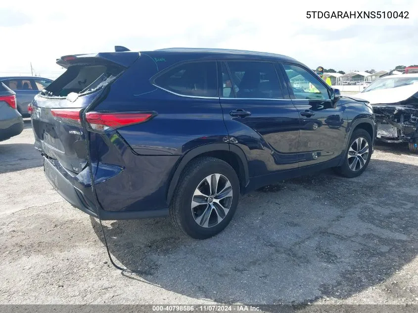 2022 Toyota Highlander Hybrid Xle VIN: 5TDGARAHXNS510042 Lot: 40798586