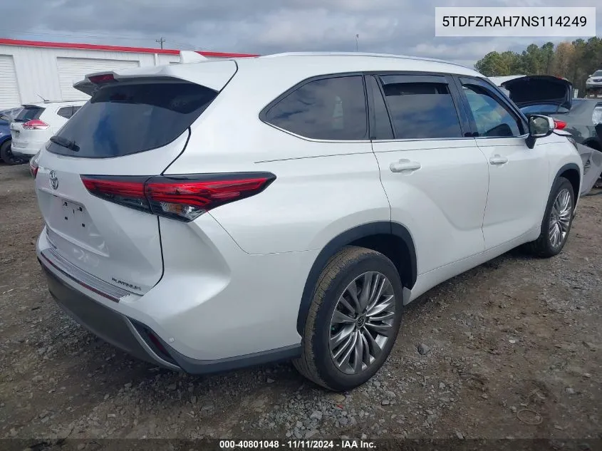 2022 Toyota Highlander Platinum VIN: 5TDFZRAH7NS114249 Lot: 40801048