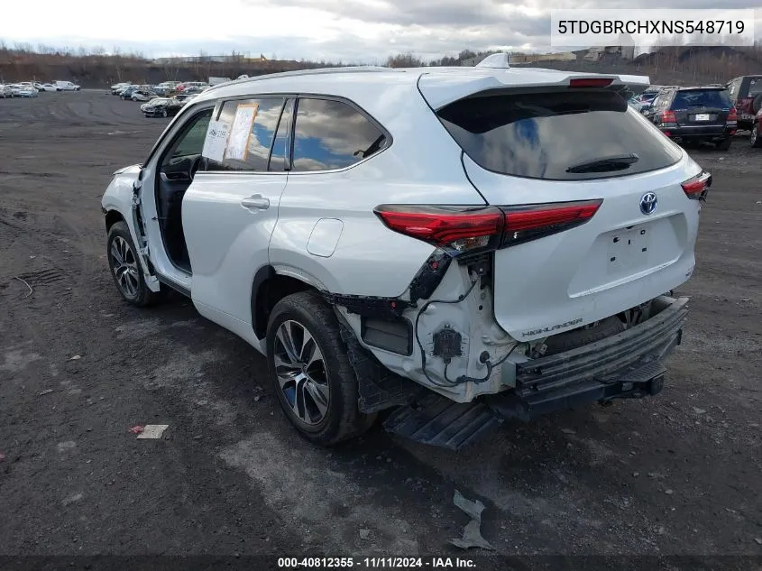 2022 Toyota Highlander Hybrid Xle VIN: 5TDGBRCHXNS548719 Lot: 40812355