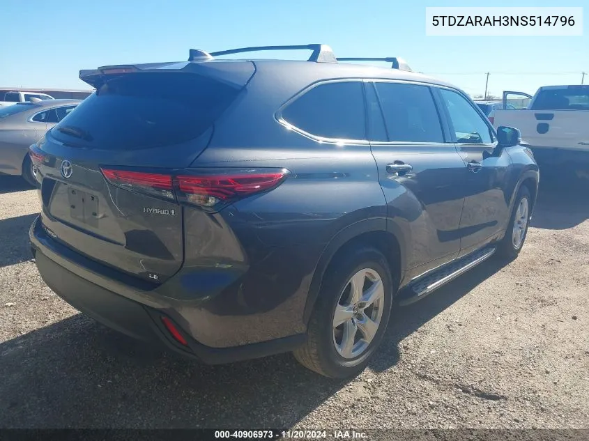 2022 Toyota Highlander Hybrid Le VIN: 5TDZARAH3NS514796 Lot: 40906973