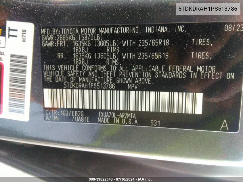 5TDKDRAH1PS513786 2023 Toyota Highlander Xle