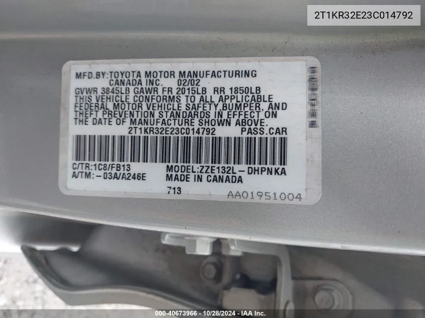 2T1KR32E23C014792 2003 Toyota Matrix Xr