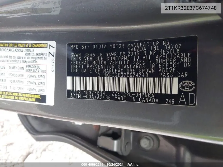 2T1KR32E37C674748 2007 Toyota Matrix Xr