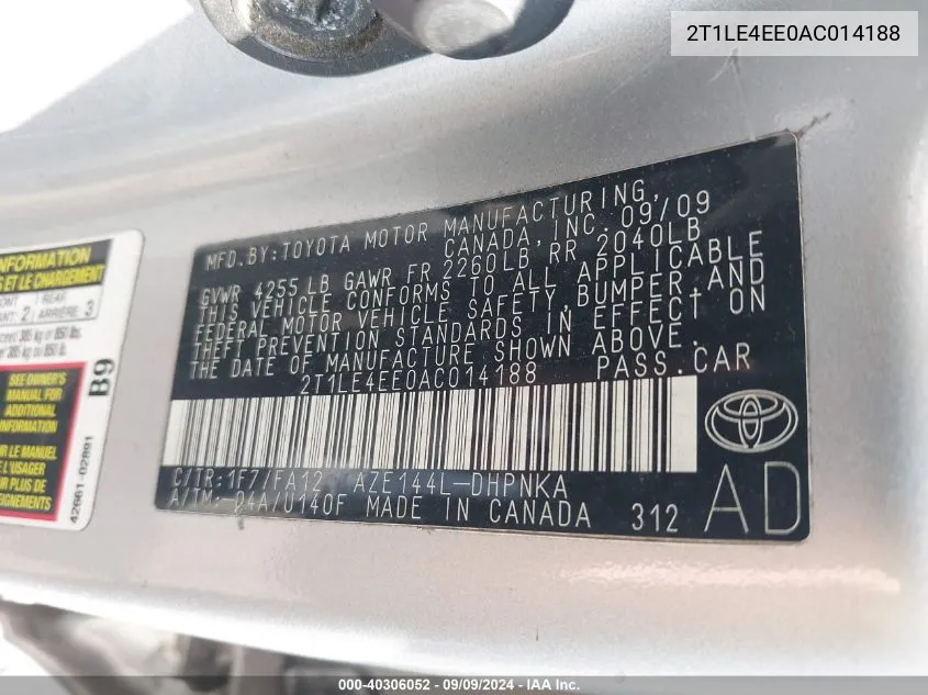 2T1LE4EE0AC014188 2010 Toyota Matrix S