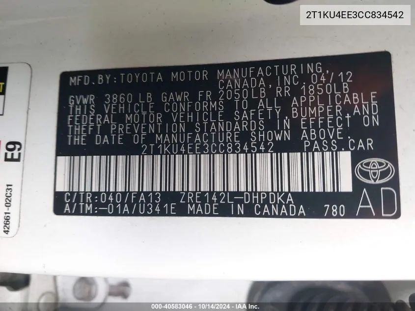 2T1KU4EE3CC834542 2012 Toyota Matrix L