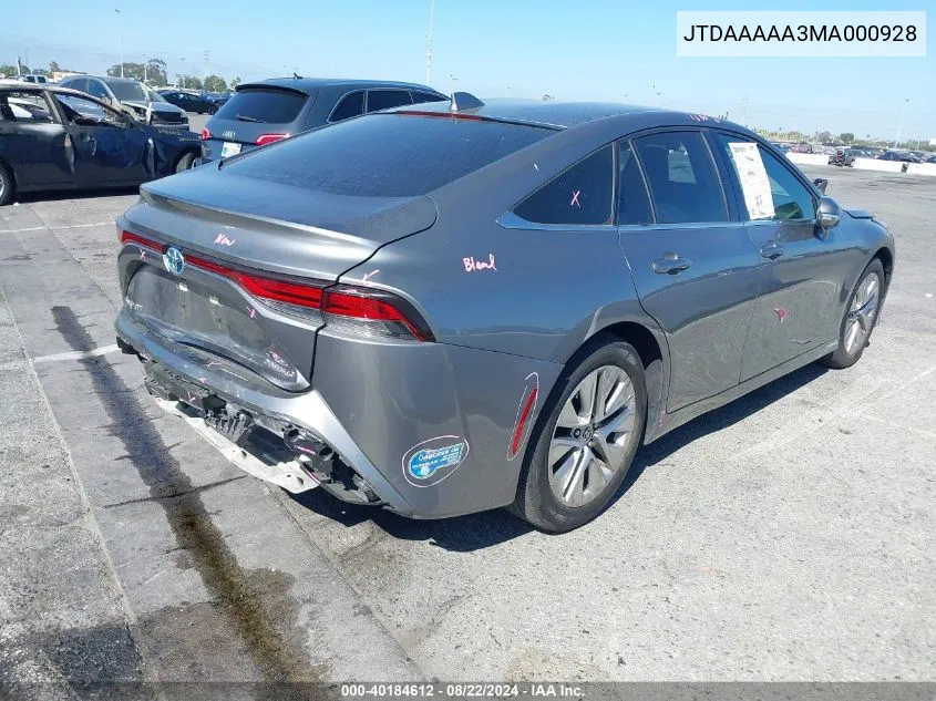 2021 Toyota Mirai Xle VIN: JTDAAAAA3MA000928 Lot: 40184612