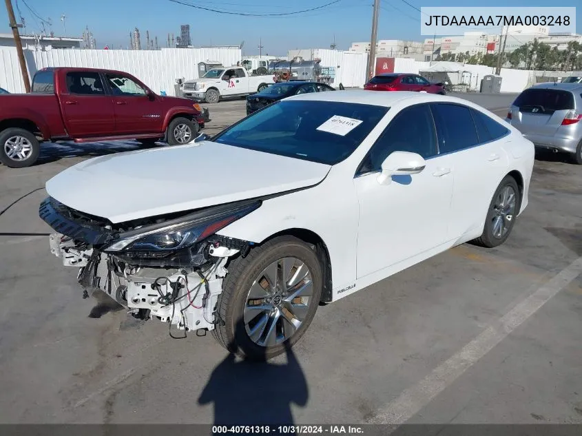 2021 Toyota Mirai Xle VIN: JTDAAAAA7MA003248 Lot: 40761318