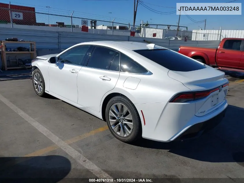 2021 Toyota Mirai Xle VIN: JTDAAAAA7MA003248 Lot: 40761318