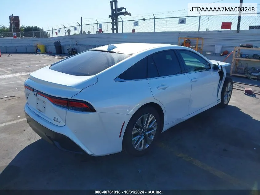 2021 Toyota Mirai Xle VIN: JTDAAAAA7MA003248 Lot: 40761318