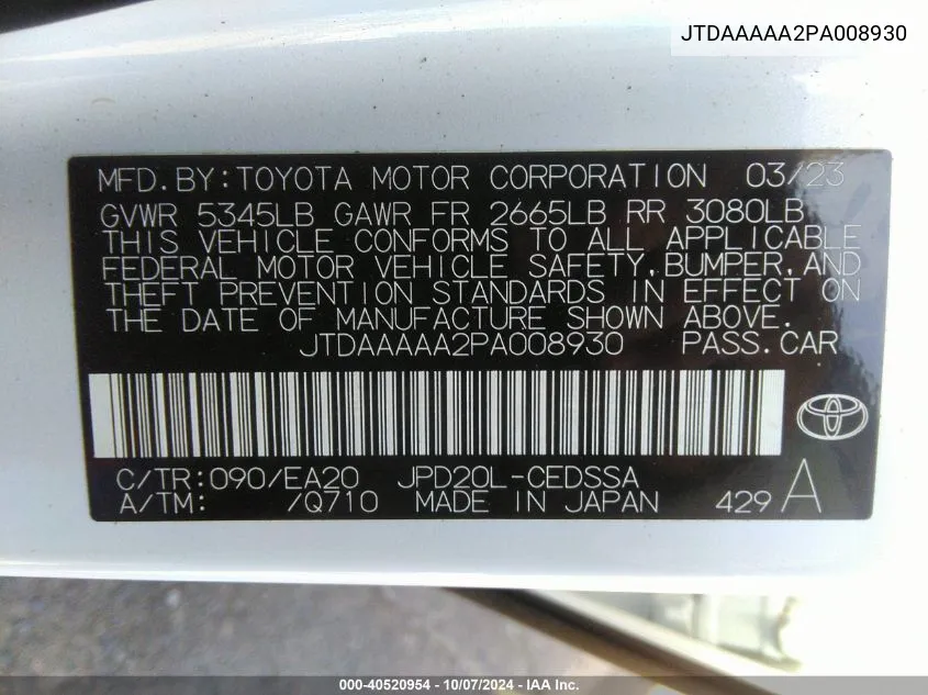 2023 Toyota Mirai Xle VIN: JTDAAAAA2PA008930 Lot: 40520954