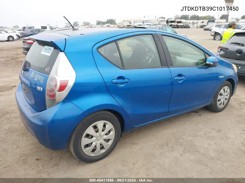 2012 Toyota Prius C Two VIN: JTDKDTB39C1017450 Lot: 40411956