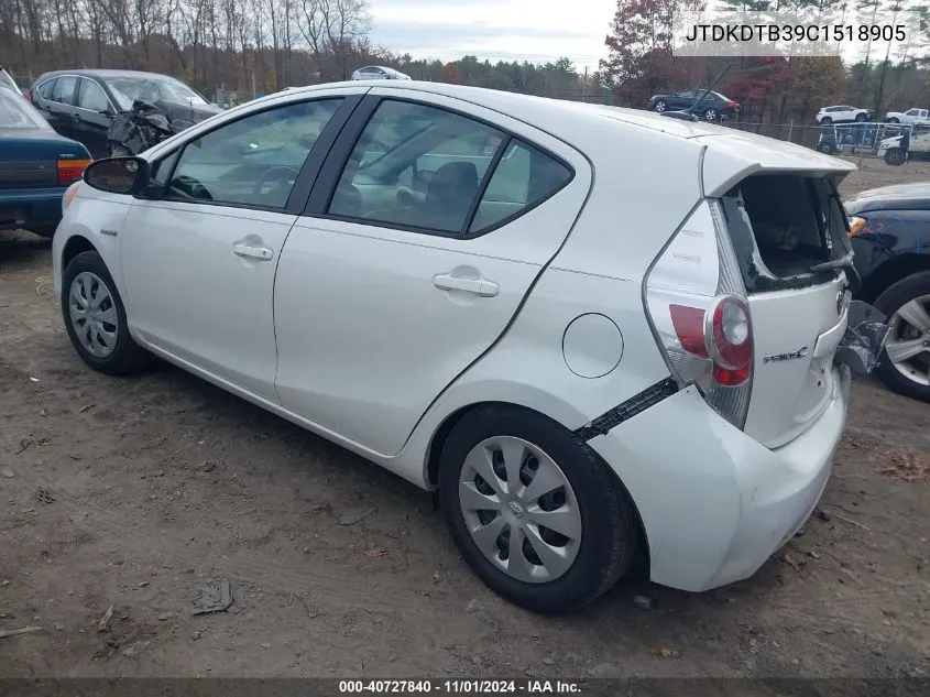 2012 Toyota Prius C Three VIN: JTDKDTB39C1518905 Lot: 40727840