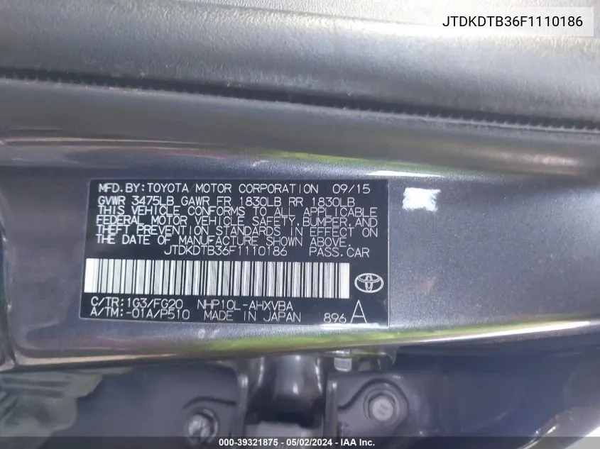 JTDKDTB36F1110186 2015 Toyota Prius C Two