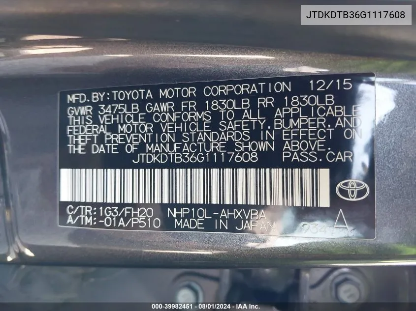 JTDKDTB36G1117608 2016 Toyota Prius C One