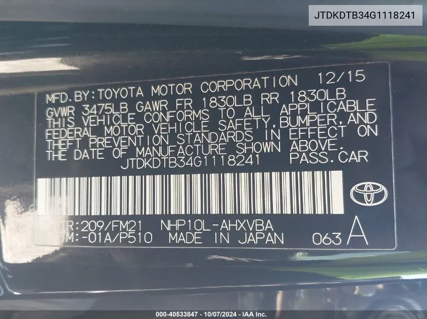 JTDKDTB34G1118241 2016 Toyota Prius C