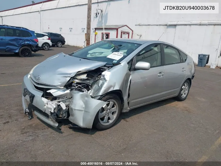 2004 Toyota Prius VIN: JTDKB20U940003678 Lot: 40016016