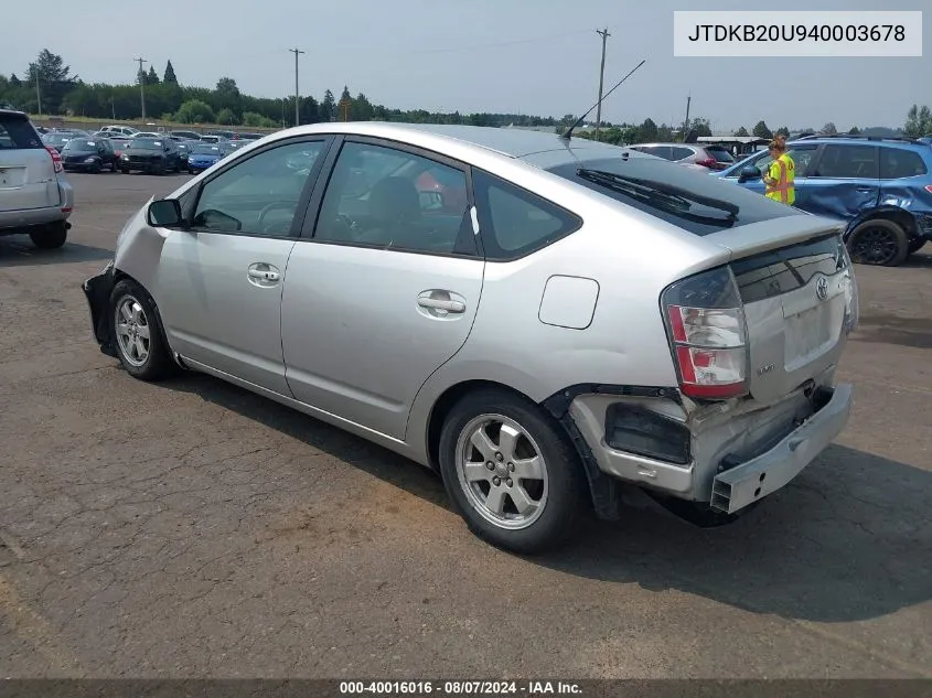 2004 Toyota Prius VIN: JTDKB20U940003678 Lot: 40016016