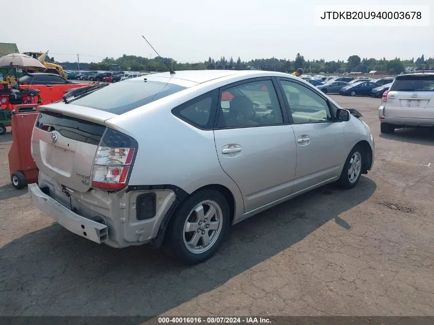 2004 Toyota Prius VIN: JTDKB20U940003678 Lot: 40016016