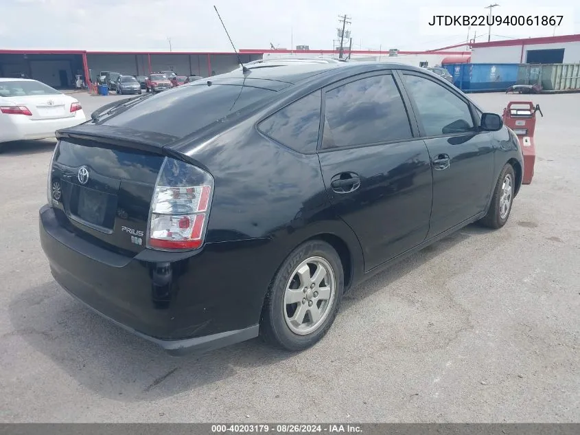 2004 Toyota Prius VIN: JTDKB22U940061867 Lot: 40203179