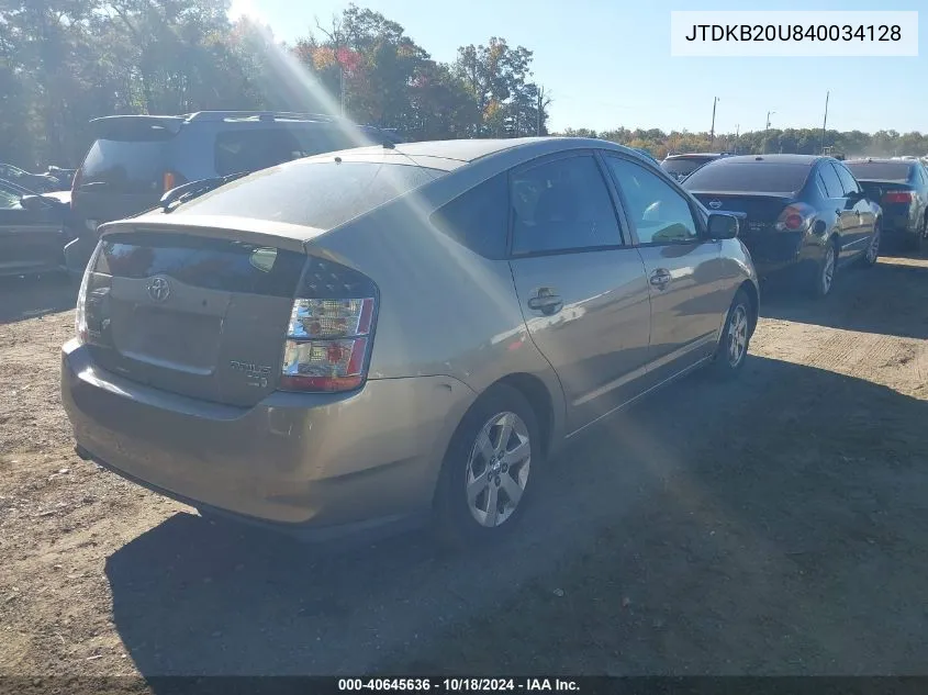 2004 Toyota Prius VIN: JTDKB20U840034128 Lot: 40645636