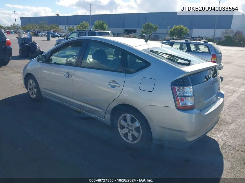 2004 Toyota Prius VIN: JTDKB20U940033554 Lot: 40727530