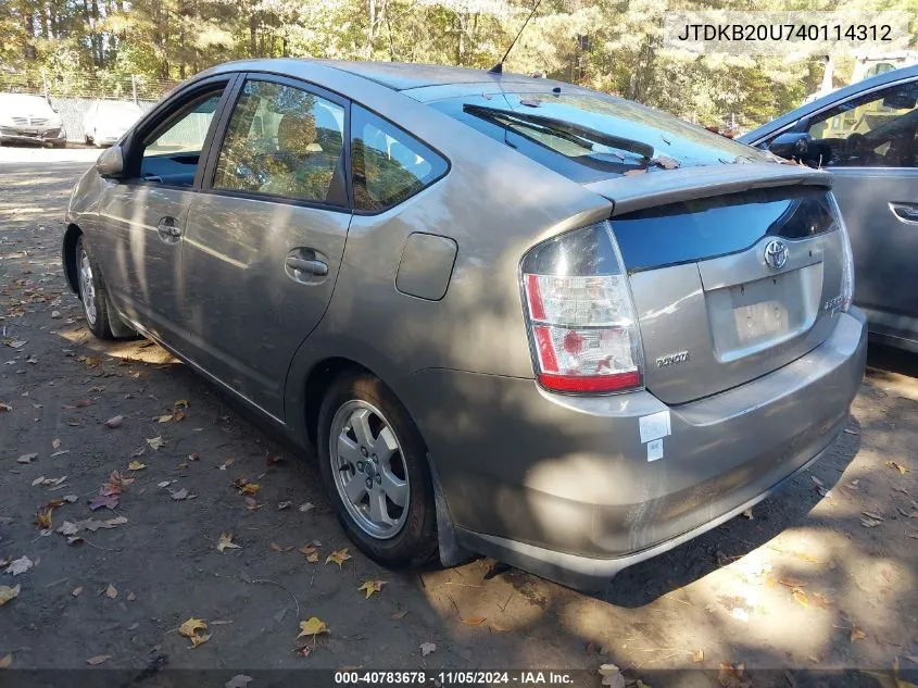 2004 Toyota Prius VIN: JTDKB20U740114312 Lot: 40783678