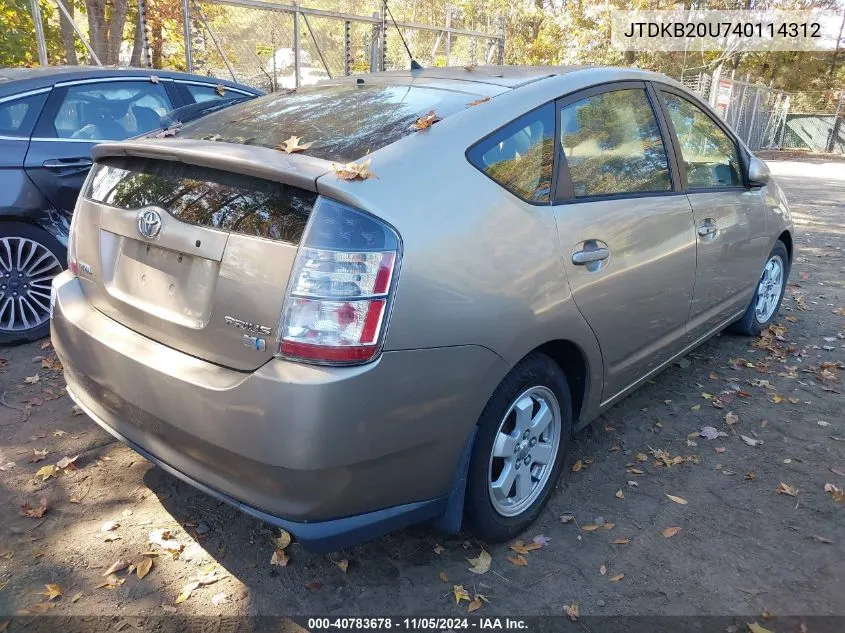 2004 Toyota Prius VIN: JTDKB20U740114312 Lot: 40783678