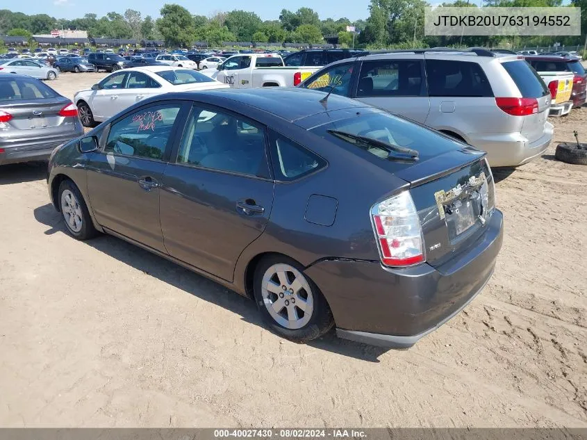 2006 Toyota Prius VIN: JTDKB20U763194552 Lot: 40027430