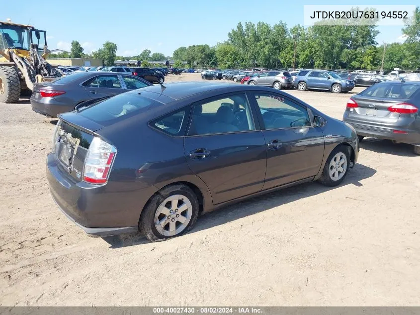 2006 Toyota Prius VIN: JTDKB20U763194552 Lot: 40027430