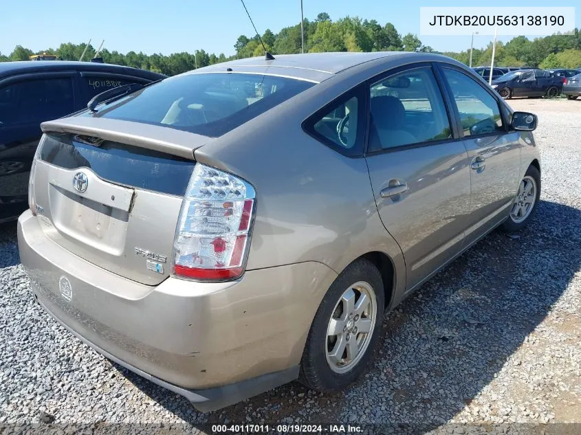 2006 Toyota Prius VIN: JTDKB20U563138190 Lot: 40117011