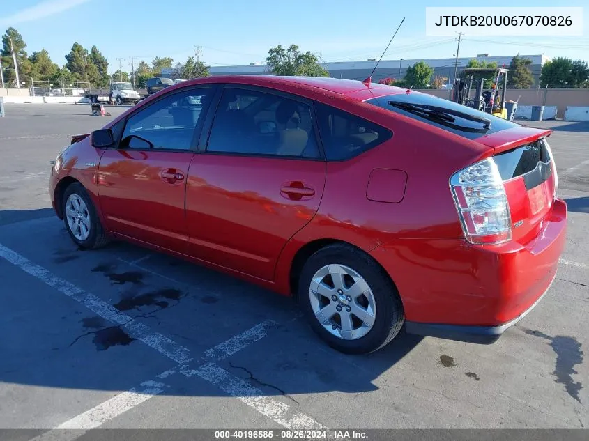 2006 Toyota Prius VIN: JTDKB20U067070826 Lot: 40196585