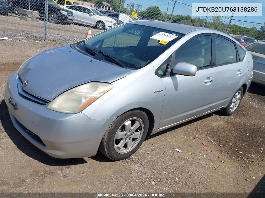 2006 Toyota Prius VIN: JTDKB20U763138286 Lot: 40243223