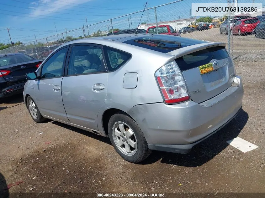 2006 Toyota Prius VIN: JTDKB20U763138286 Lot: 40243223