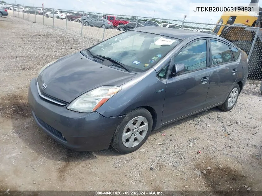 2006 Toyota Prius VIN: JTDKB20U063194831 Lot: 40401426