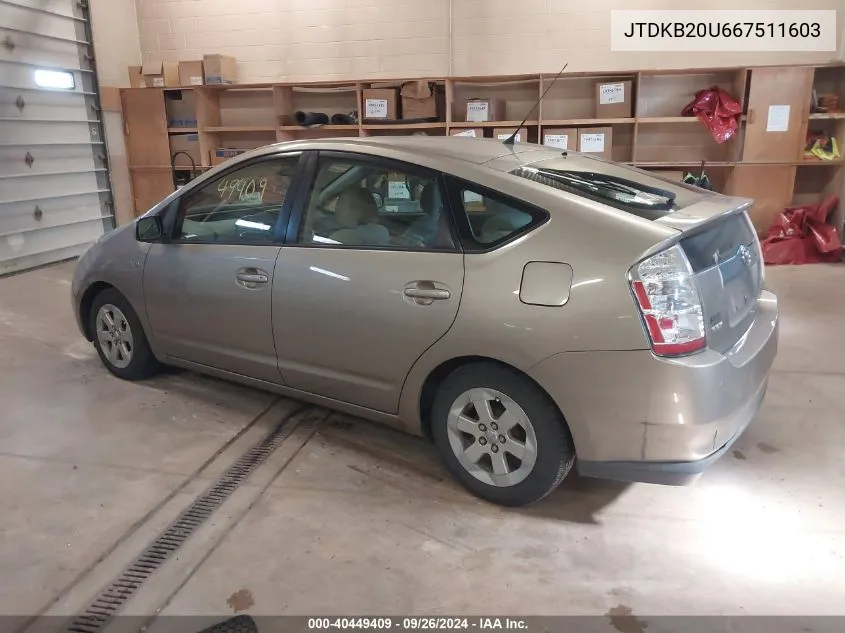 2006 Toyota Prius VIN: JTDKB20U667511603 Lot: 40449409