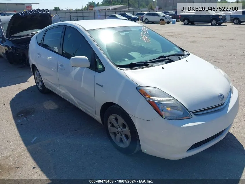 2006 Toyota Prius VIN: JTDKB20U467522700 Lot: 40475409