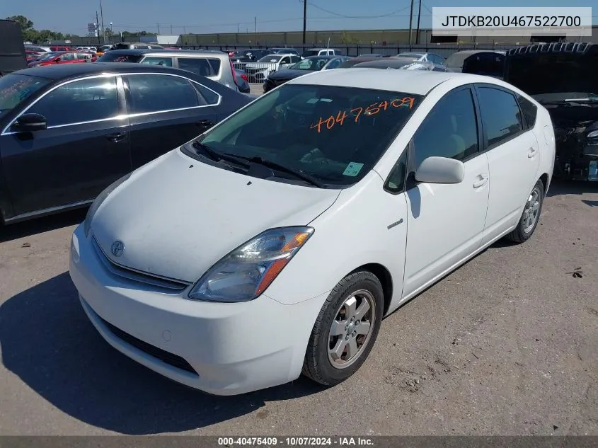 2006 Toyota Prius VIN: JTDKB20U467522700 Lot: 40475409