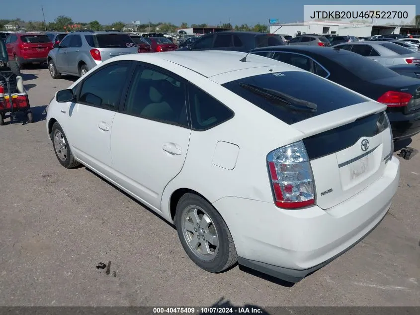 2006 Toyota Prius VIN: JTDKB20U467522700 Lot: 40475409