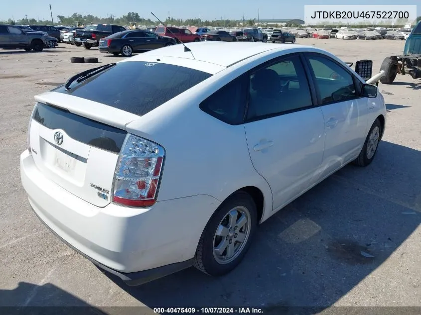 2006 Toyota Prius VIN: JTDKB20U467522700 Lot: 40475409