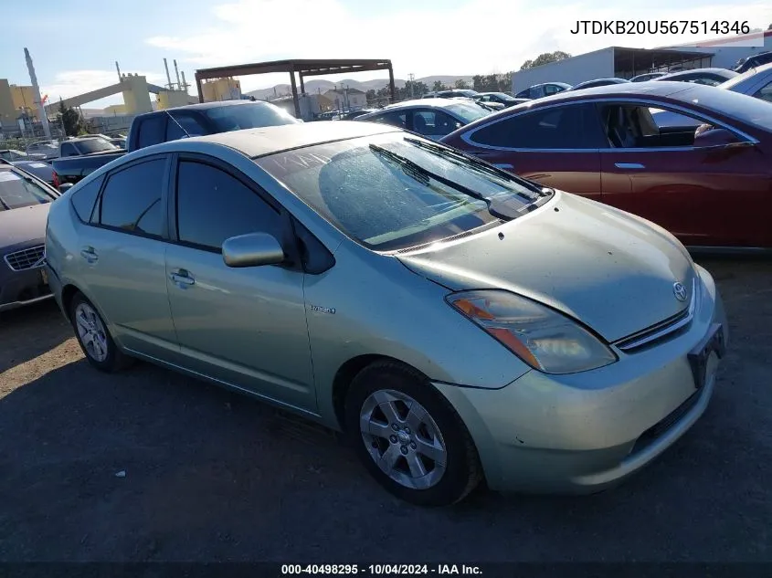 2006 Toyota Prius VIN: JTDKB20U567514346 Lot: 40498295