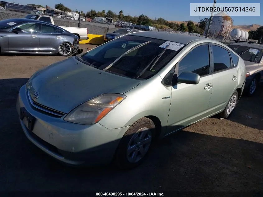 2006 Toyota Prius VIN: JTDKB20U567514346 Lot: 40498295