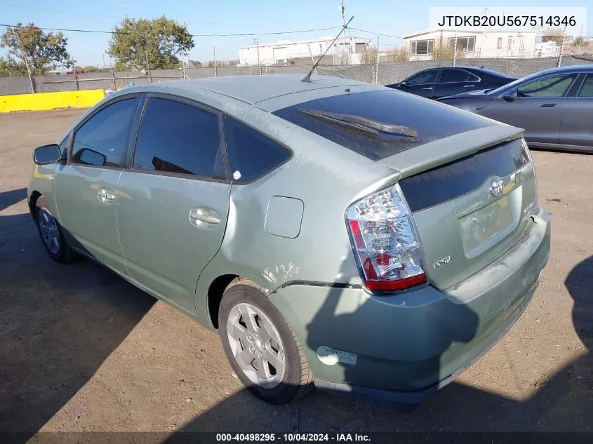 2006 Toyota Prius VIN: JTDKB20U567514346 Lot: 40498295