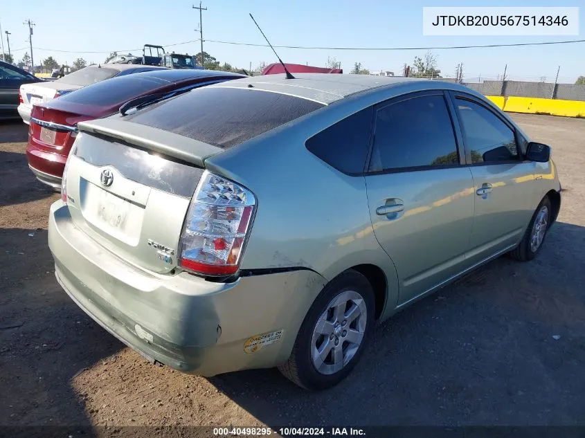 2006 Toyota Prius VIN: JTDKB20U567514346 Lot: 40498295