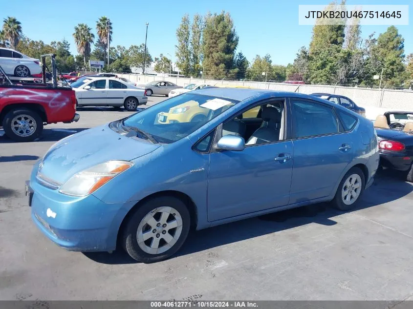 2006 Toyota Prius VIN: JTDKB20U467514645 Lot: 40612771