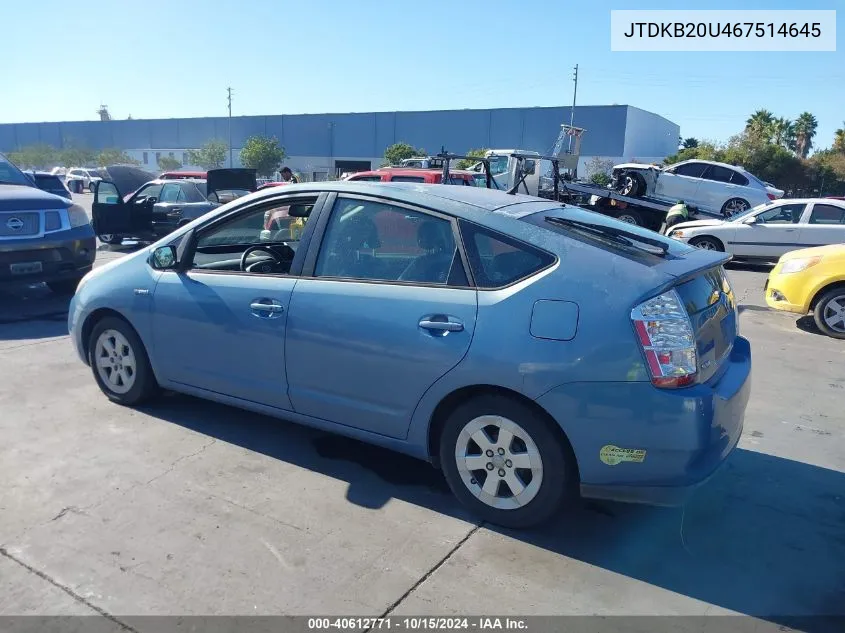 2006 Toyota Prius VIN: JTDKB20U467514645 Lot: 40612771