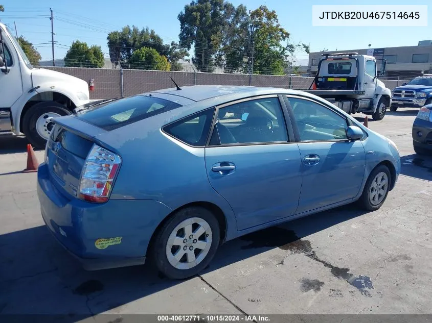 2006 Toyota Prius VIN: JTDKB20U467514645 Lot: 40612771