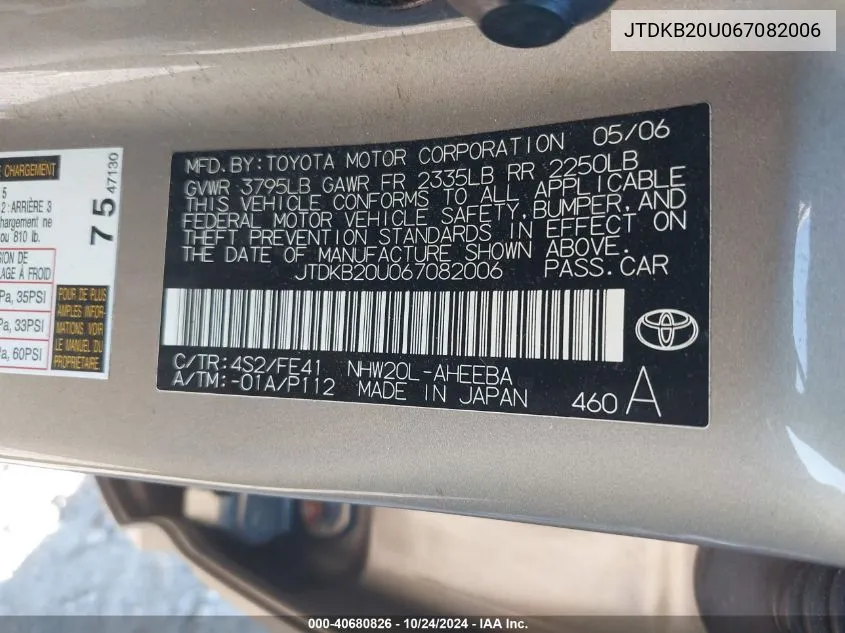 2006 Toyota Prius VIN: JTDKB20U067082006 Lot: 40680826